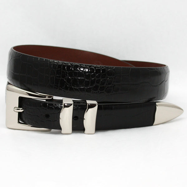 Alligator Embossed Calfskin Belt With 4pc Buckle Set Black 32-25MM Belt