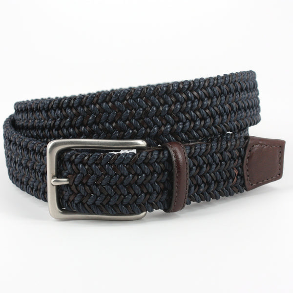 Italian Woven Cotton And Leather Navy/Brown 35mm Belt