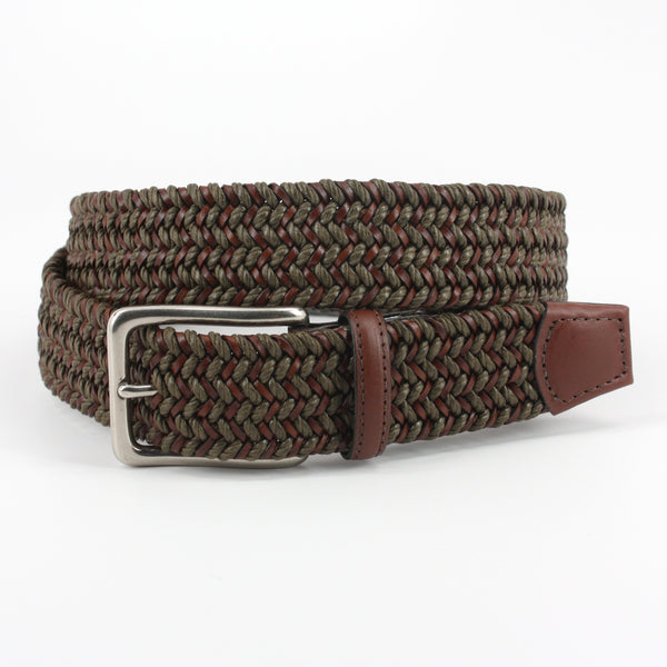 Italian Woven Cotton And Leather Olive/Cognac 35mm Belt